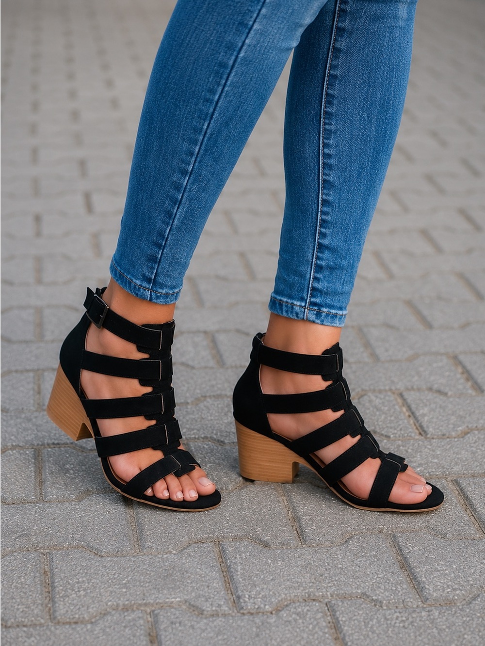 Black suede sandals strappy heels block heel bootie
